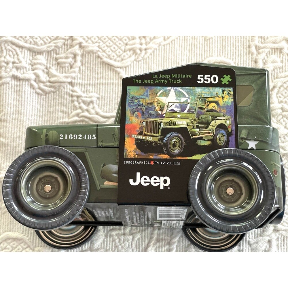 Eurographics 550-piece Jeep Army Truck Jigsaw Puzzle w Jeep-shaped Metal Tin New